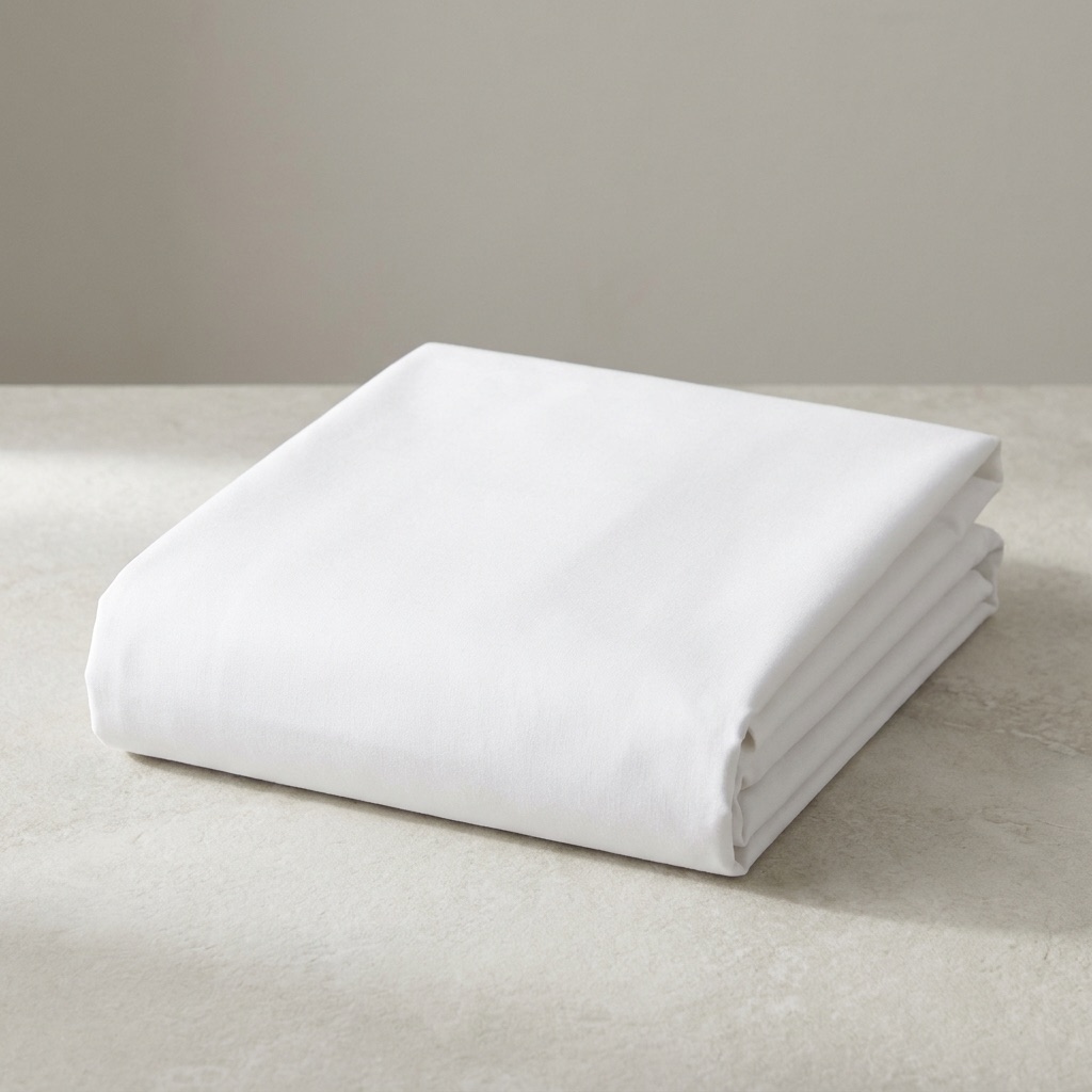 Folded stack of white percale bed sheets